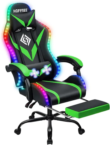 Silla de juegos RGB con luces LED y masaje, silla ergonómica de computadora con reposapiés, silla de videojuegos de respaldo alto con soporte lumbar