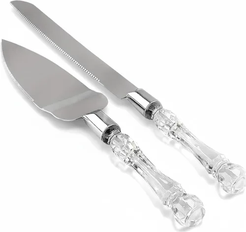 Juego de cuchillos y servidores para tartas, cortador de pasteles y espátula, hoja de acero inoxidable, mango de cristal sintético, juego de plateado