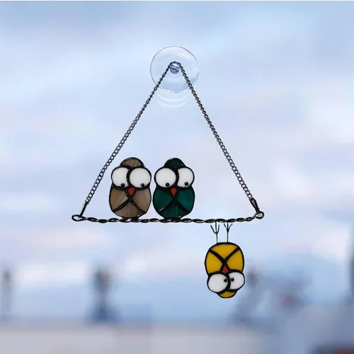 Miniatura 2 de Panel de Atrapasoles de Vidrio Vitral Multicolor con Búhos en un Alambre, Atrapasueños de Pájaros para Ventanas, Puertas, Habitación, Decoración