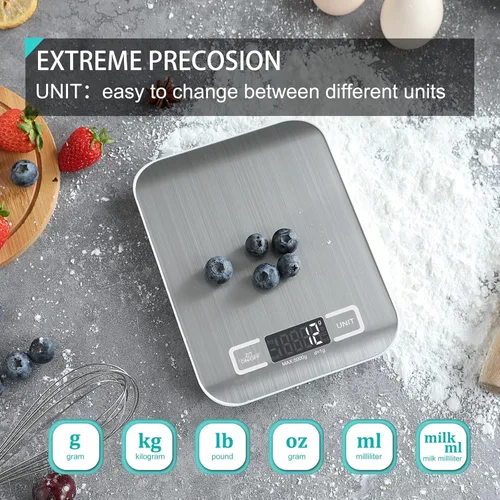 Miniatura 3 de Báscula digital de cocina, báscula de alimentos para hornear carne, unidad de gramo onzas libras hasta 11 libras (0.04 oz-11.0 lbs), acero Blanco