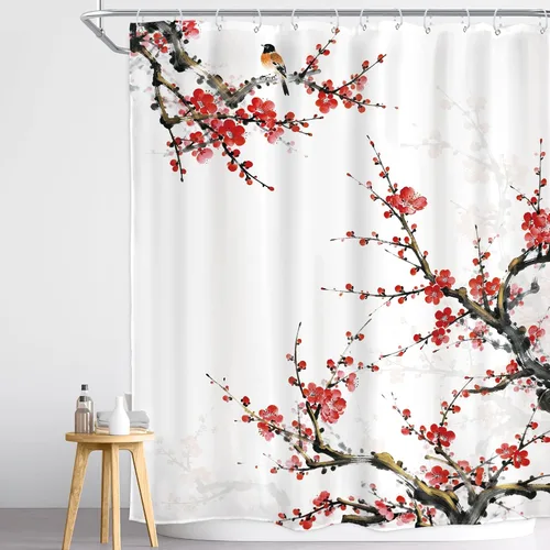 Miniatura 25 de Cortina de ducha floral roja para baño, 60 pulgadas de ancho x 72 pulgadas de largo, flor de cerezo, ciruela, estética asiática, japonesa, acuarela