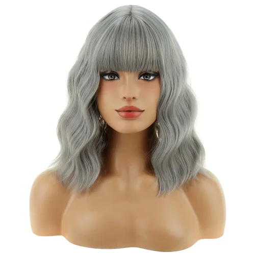 Miniatura 22 de BERON 14 Inches Ash Blonde Wig with Bangs Short Curly Wig Short Ash Blonde Bob Synthetic Wigs for Women Daily Halloween Party or Cosplay Hairnet