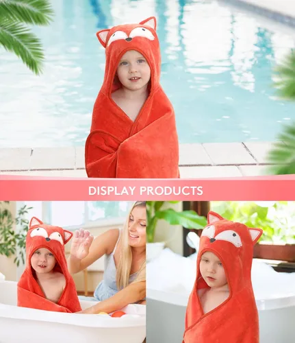 Miniatura 6 de TBEZY Toalla con capucha para niños, 100% algodón, ultra suave, con diseño único de animales, grande para bebés de 3 a 10 años (zorro)
