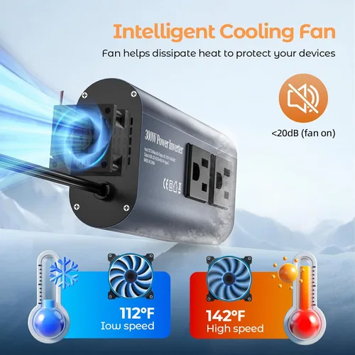 Miniatura 7 de Inversor de corriente para automóvil de 300 W, DC 12 V a 110 V CA adaptador de enchufe de automóvil con cargador rápido USB (25 W), USB-A (20 W)