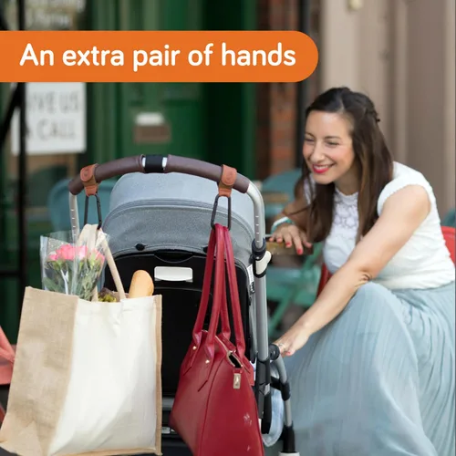 Miniatura 3 de Baby Uma Ganchos para cochecito para bolsas (paquete de 2) – Clips y ganchos estilo cuero para cochecito, accesorios antideslizantes para cochecito