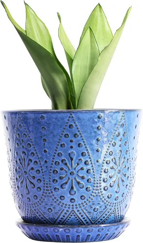 Miniatura 12 de Gepege Macetas para suculentas, maceta pequeña de cerámica para interiores de 4 pulgadas con agujeros de drenaje y platillos para plantas, color Azul