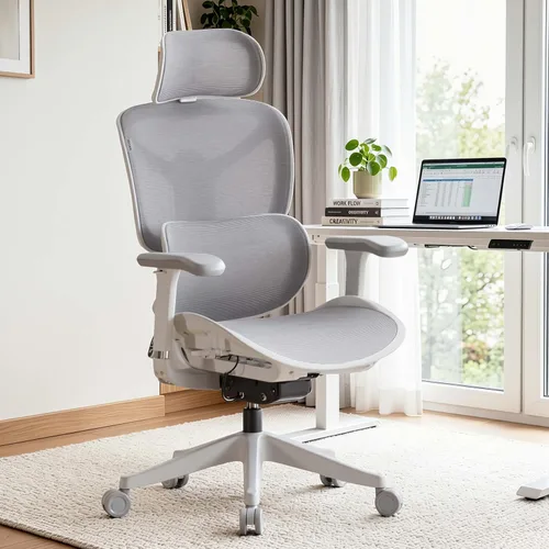 WELAX Silla de oficina ergonómica sin reposapiés, silla de oficina de malla con reposabrazos y reposacabezas 3D, silla de escritorio S9 con Gris