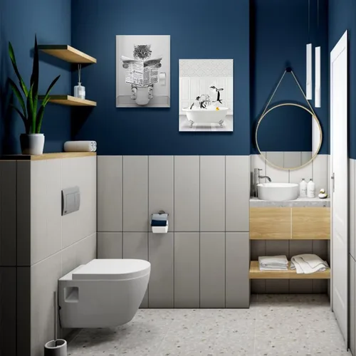 Miniatura 5 de Divertido lienzo de pared de gato en blanco y negro, decoración moderna de pared de baño, gato sentado en el inodoro, lectura de periódicos, pintura