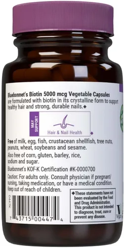 Miniatura 3 de Bluebonnet Nutrition Biotin - Cápsulas vegetales de 5000 Mcg, la biotina es una vitamina B que ayuda a hacer queratina, vegana, vegetariana, sin