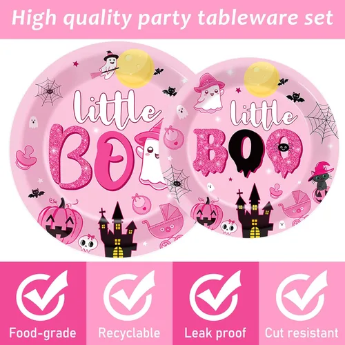 Miniatura 3 de ZOIIWA Juego de vajilla desechable de 96 piezas para fiesta de Halloween Little Boo Baby Shower para niñas, suministros de fiesta de fantasmas