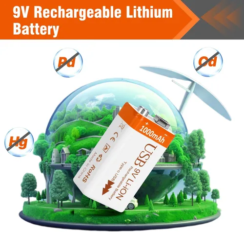 Miniatura 7 de Baterías recargables de litio de 9 V de 1000 mAh con cable de carga USB 2 en 1, batería de iones de litio 6f22 de 9 voltios para detector de humo
