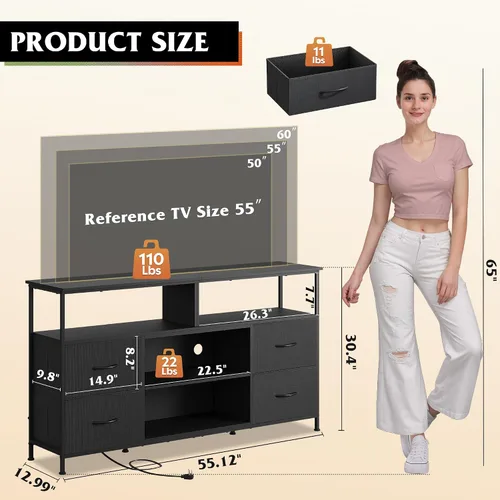 Miniatura 3 de WLIVE Mueble Tocador para TV de 50, 55, 60 pulgadas, Centro de Entretenimiento con Luces LED y Cajones de Tela, Tocador Mueble para TV
