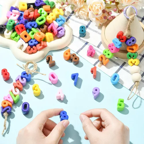 Miniatura 4 de DanLingJewelry 200 pulseras acrílicas de números aleatorios del 0 al 9 con agujero grande, cuentas coloridas de números 3D para hacer joyas