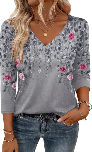 Miniatura 6 de Zeagoo Camisetas de manga 3/4 para mujer, cuello en V, blusa casual elegante, camisetas básicas 2026, ropa de moda S-2XL