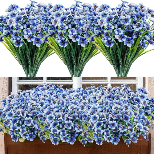 Jutom 24 piezas de flores artificiales para decoración al aire libre, flores sintéticas de seda resistentes a los rayos UV, plantas a granel, Azul