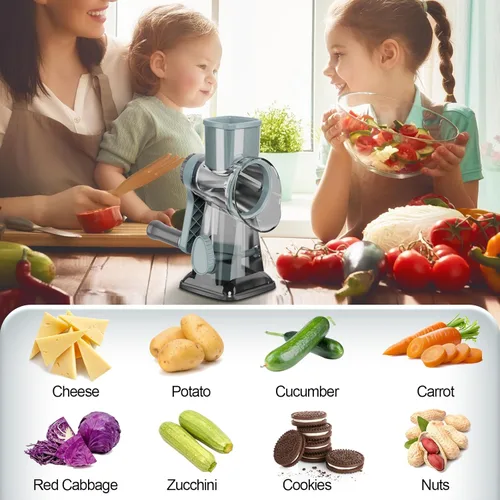 Miniatura 7 de Rallador de queso con 3 cuchillas intercambiables, rallador giratorio de queso, rebanador manual de verduras con base de succión antideslizante
