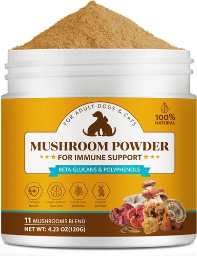 Suplemento orgánico de hongos en polvo para perros y gatos - Complejo de 11 hongos con cola de pavo, reishi y cordyceps, apoya el lipoma, el alivio