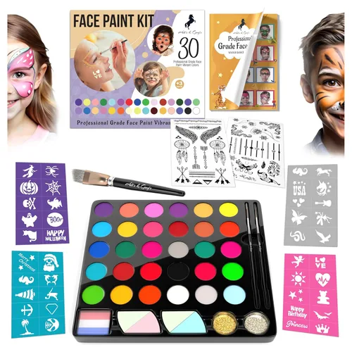 Miniatura 13 de Kit de pintura facial para niños, 20 colores lavables, sin manchas, pinturas de más de 60 caras, tiza para el cabello, purpurina, pinceles