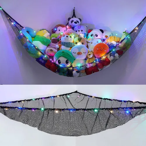 Miniatura 28 de Unicorn Castle Red de animales de peluche o hamaca organizador de almacenamiento de juguetes para niños con luz LED colgante en esquina soporte