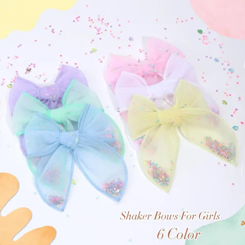 Miniatura 4 de 6 piezas de lazos de tul para el pelo de niñas, lazos para bebés de CN con estrella brillante y pinza de cocodrilo, pasadores de pelo coloridos