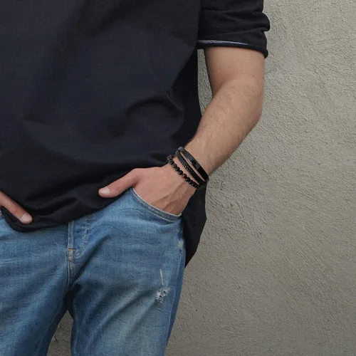 Miniatura 3 de Pulsera de cuentas de piedra volcánica de piedra volcánica de ónix negro y ojo de tigre mate para hombre, pulsera de cuero trenzado negro para hombre