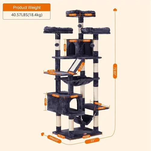 Miniatura 2 de Heybly Árbol para gatos, torre para gatos grandes de 73 pulgadas de alto, 20 libras, resistente para gatos de interior, condominio para gatos