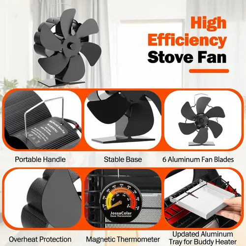 Miniatura 7 de JossaColar Ventilador de Estufa de Leña Compatible con Calentador Buddy (con Soporte y Termómetro), Ventilador de Chimenea Alimentado por Calor