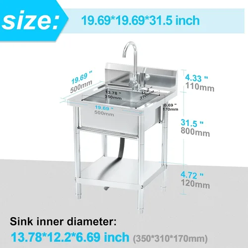 Miniatura 2 de Fregadero utilitario de acero inoxidable de 20 pulgadas con plomería de agua fría/caliente y estante para cocina, baño, lavandería Fregadero