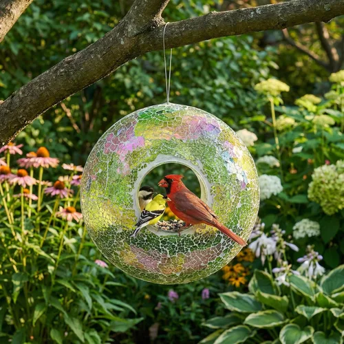 Miniatura 5 de Comedero para pájaros, comedero para pájaros salvajes a prueba de ardillas redondo, diseño de vidrio colgante con entrada para pájaros, comedero