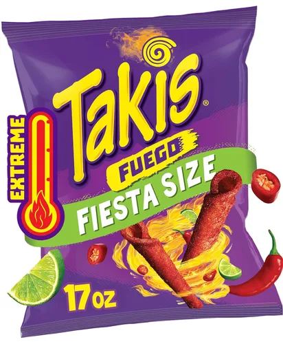 Takis Fuego 17 oz Bolsa de tamaño fiesta, nachos de tortilla enrollada extremadamente picante con sabor a chile picante y lima