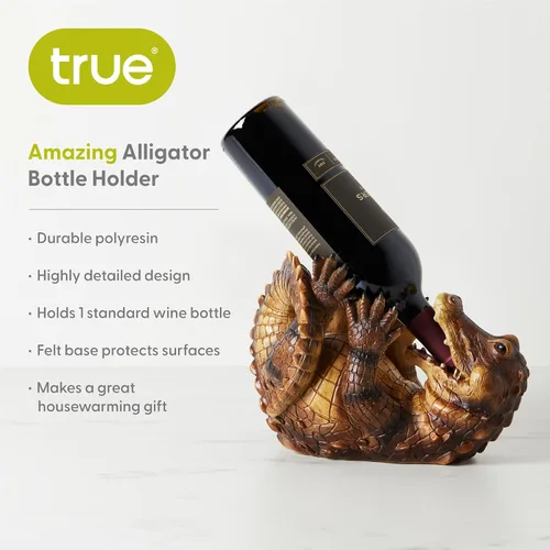 Miniatura 2 de TRUE - Soporte de vino de poliresina asombroso con diseño de caimán, marrón, capacidad para 1 botella, montaje en mesa
