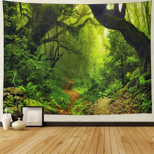 Leofanger Tapiz de bosque brumoso, tapiz de pared de árbol verde natural, paisaje de selva tropical, para colgar en la pared para dormitorio, sala