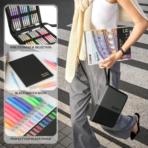 Miniatura 6 de ZSCM Bolígrafos de gel acrílico 3D de 24 colores y cuaderno de bocetos de papel negro para dibujo, bolígrafo de tinta acrílica de punta fina de 0.04