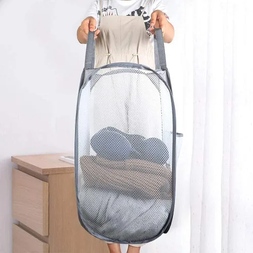 Miniatura 3 de Paquete de 2 cestas plegables de malla para la ropa sucia, cestas plegables para la ropa de baño, dormitorio universitario, viajes (gris)