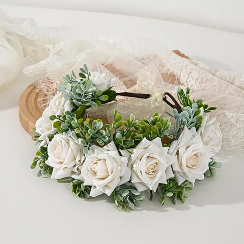 Miniatura 42 de Vividsun Corona floral de hoja verde para boda, corona de flores nupciales, accesorios de maternidad para fotos (A blanco)