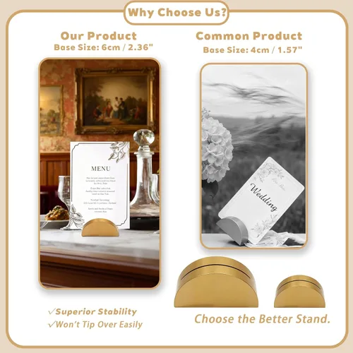Miniatura 2 de 24 soportes grandes para números de mesa de 2.3 pulgadas, base semicircular de madera dorada para mesa, para bodas, menú de restaurante, fotos