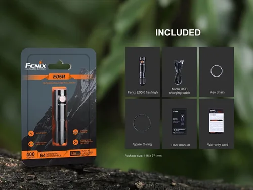 Miniatura 7 de EdisonBright Fenix E05R 400 Lumen USB Recargable EDC Llavero Linterna Cable de carga Estuche de transporte (negro)