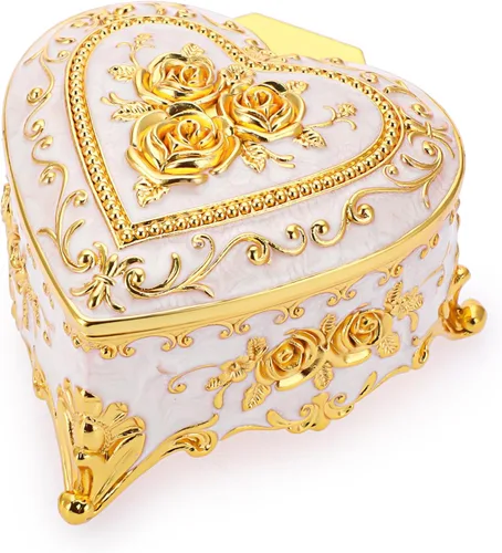 Hipiwe Joyero de metal vintage Caja organizadora de joyas en forma de corazón con patrón de rosa caja de almacenamiento para anillos, aretes,