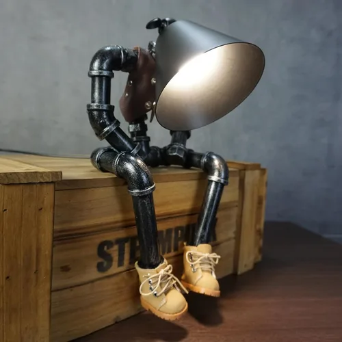 Miniatura 7 de Lámpara de mesa Steampunk, robot de tubería de agua, estilo industrial vintage, lámpara de mesa de escritorio para mesita de noche, cafetería, bar