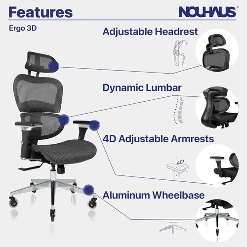 Miniatura 3 de Nouhaus Ergo3D - Silla ergonómica de oficina con soporte lumbar de malla con reposabrazos ajustable 4D, reposacabezas y ruedas ajustables, respaldo