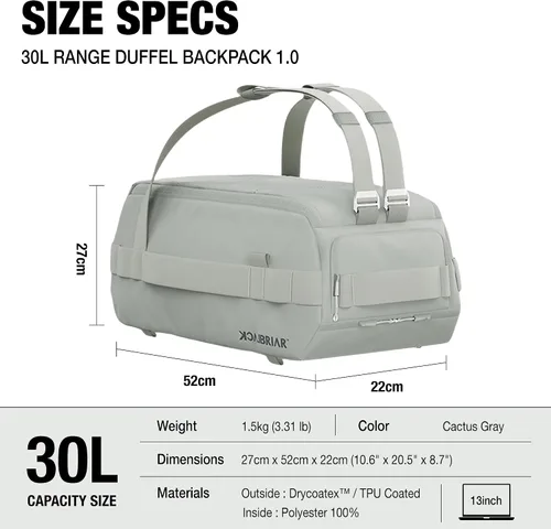 Miniatura 3 de Blackbriar Range Duffel - Mochila convertible de 30 litros color gris cactus, con acceso magnético patentado, partición modular en S, garaje