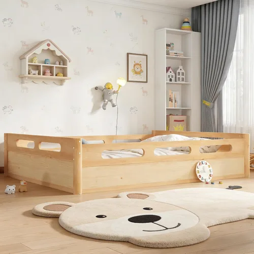 Miniatura 11 de Bellemave Cama de suelo Queen para niños, marco de cama Montessori con barandillas y puerta en forma de valla, cama Queen de madera para niños, Gris