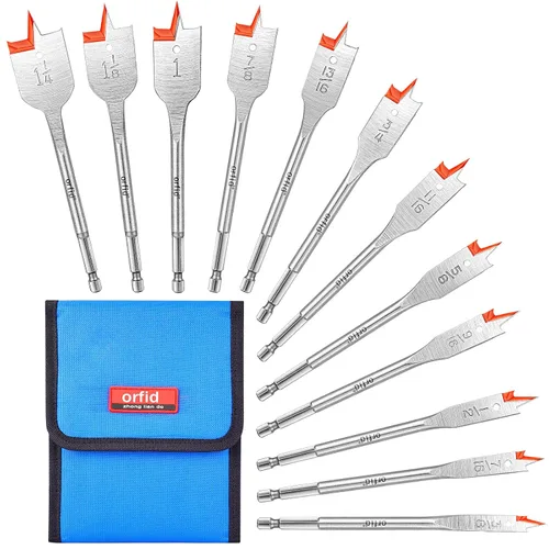 Juego de 12 brocas de pala, broca plana de acero al carbono con vástago de cambio rápido para cortador de agujeros, bolsa de almacenamiento de