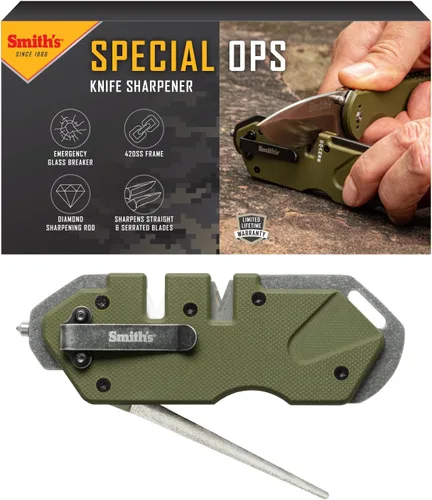 Smith's 50981 Pocket Pal - Afilador de cuchillos táctico - OD Green - Afilador de 2 etapas y varilla de afilar de diamante - Clip de bolsillo -