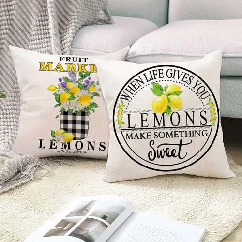 Miniatura 5 de Hexagram Lemon Farmhouse - Juego de 4 fundas de almohada de 16 x 16 pulgadas, fundas decorativas de verano a cuadros de búfalo, fundas de cojín