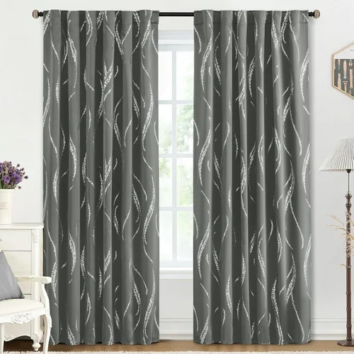 Miniatura 64 de Yakamok Cortinas opacas de 84 pulgadas de largo para sala de estar, con aislamiento térmico, patrón de líneas onduladas doradas, patrón de puntos