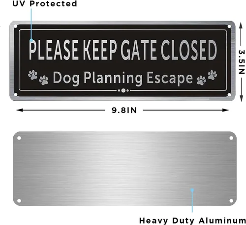 Miniatura 6 de Paquete de 2 letreros de metal con texto en inglés «Please Keep Gate Closed» (Please Close the Gate Closed), diseño de perro de escape, aluminio
