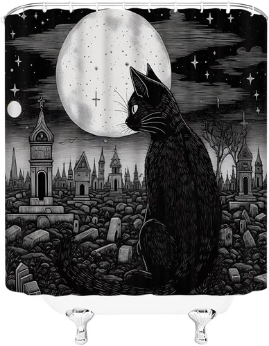 Miniatura 4 de Cortina de ducha de gato negro para Halloween, diseño de tarot psíquico gótico, tablero de Ouija, cementerio espeluznante para decoración de baño