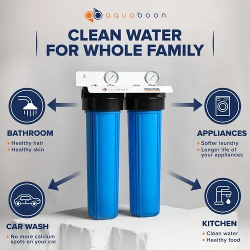 Miniatura 7 de Aquaboon Sistema de filtro de agua de 2 etapas para toda la casa con filtros KDF de 20 x 4.5, antiescala, manómetros y liberación, llave, soporte