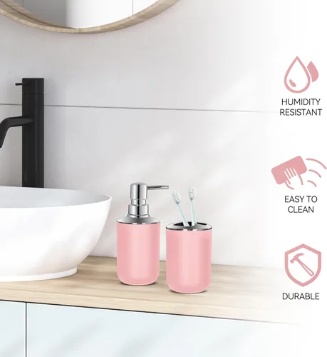 Miniatura 6 de Juego de 2 accesorios de baño rosa, accesorios de baño rosas, dispensador de jabón de plástico y soporte para cepillo de dientes, decoración de baño